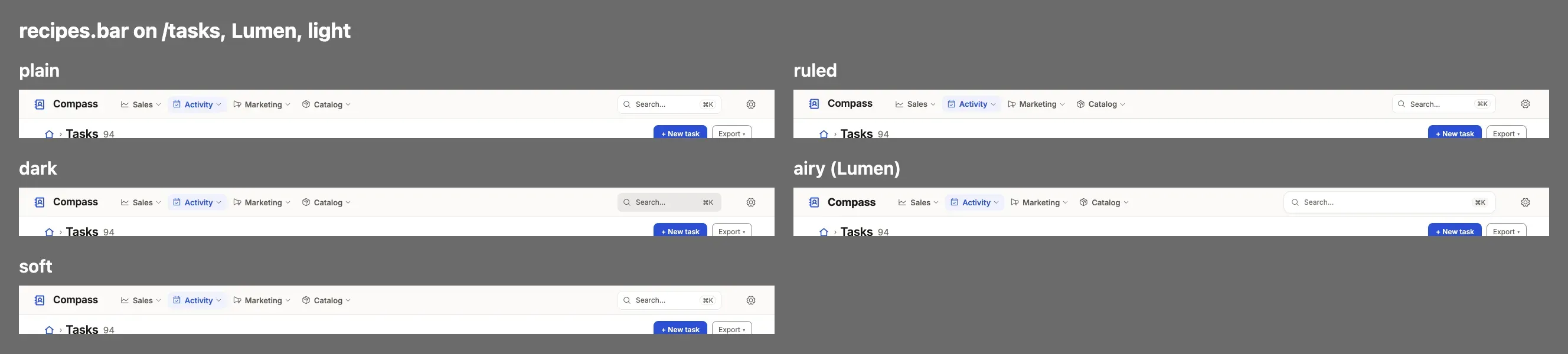 Each value of recipes.bar on Compass, one thumbnail apiece under its name.