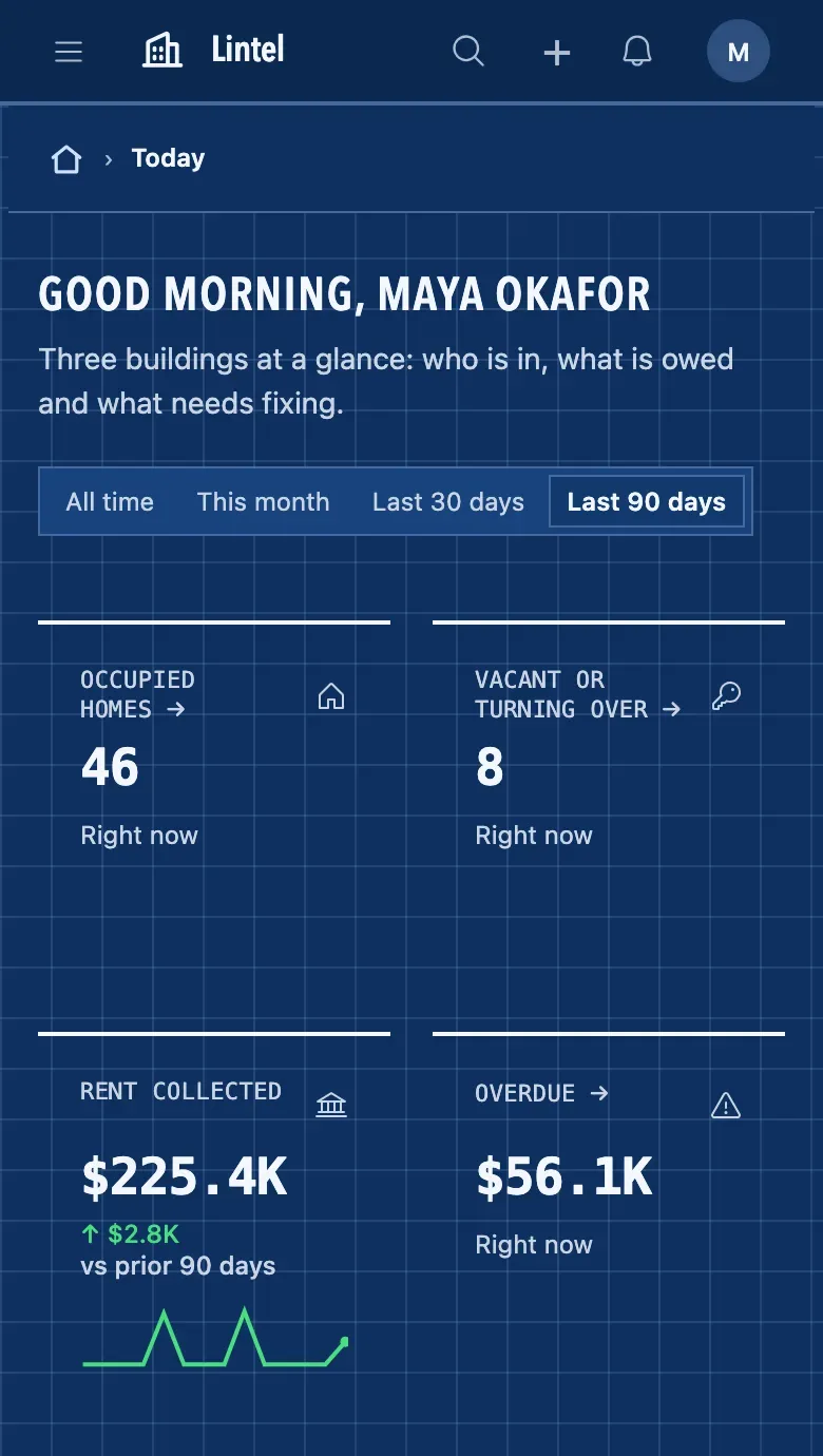 Blueprint in dark on a phone: the same page in white lines on a deep blue grid.