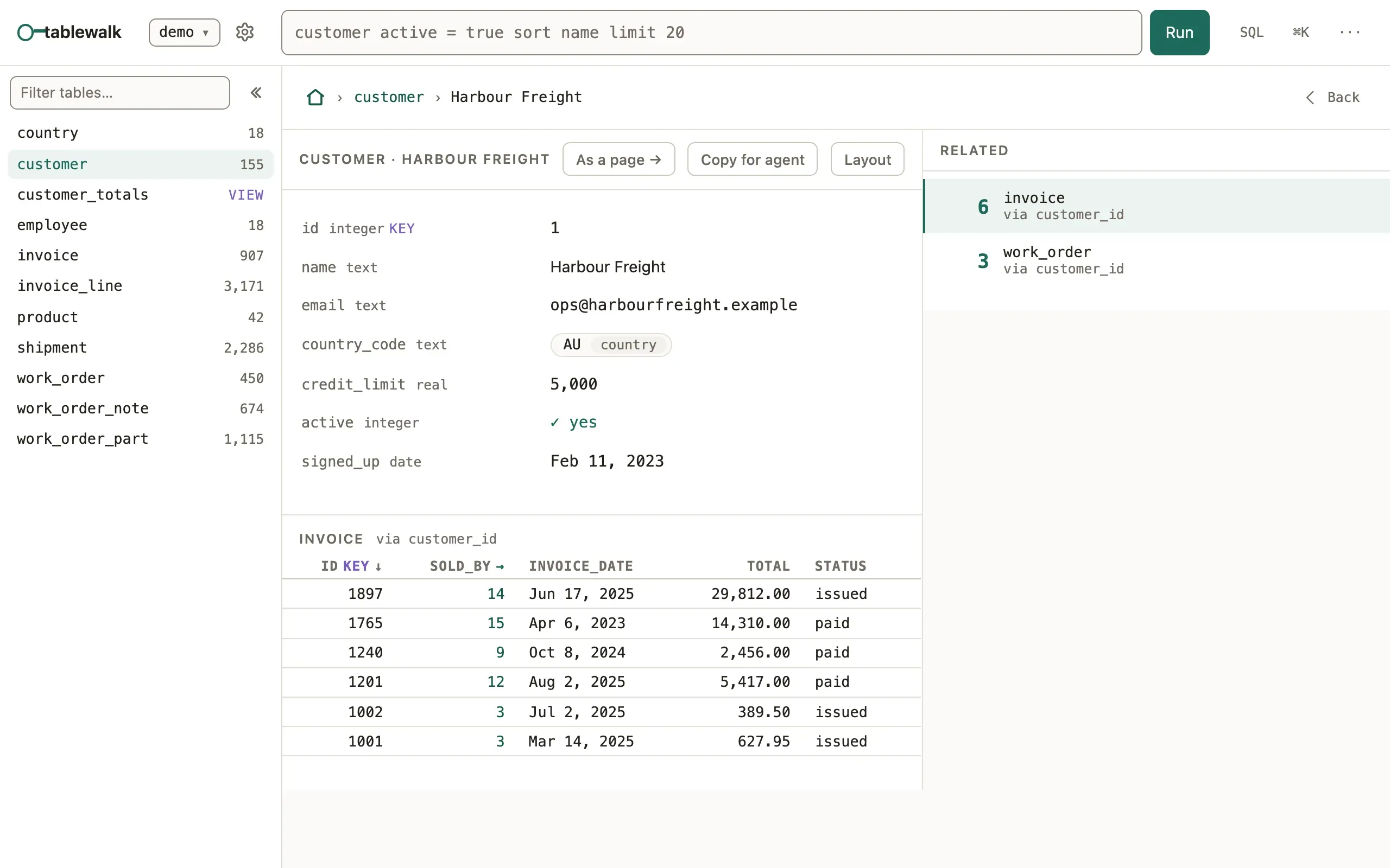 A customer record in the database browser: its fields, the invoices that point at it, and a rail of every table that refers to it.