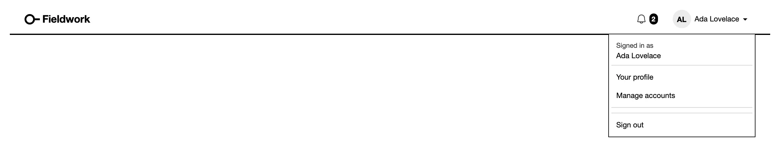 The account menu open under the signed-in name: Your profile, Manage accounts, Sign out.