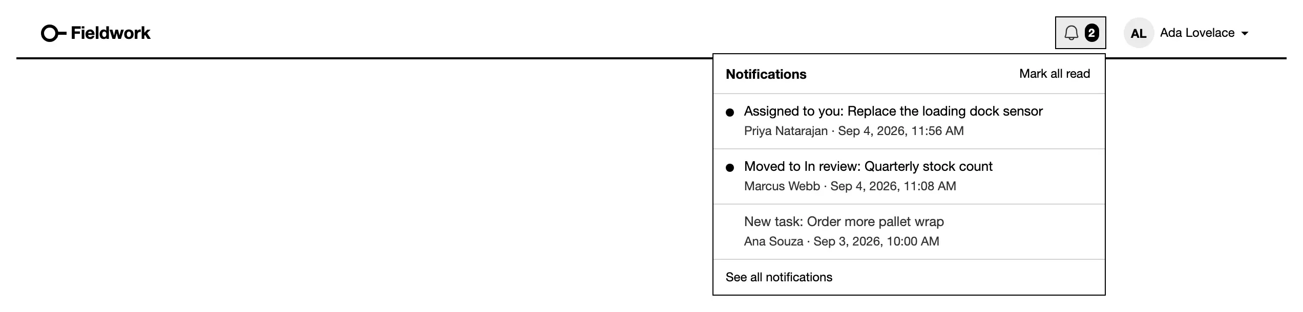 The bell open: three notifications, two unread, with Mark all read.