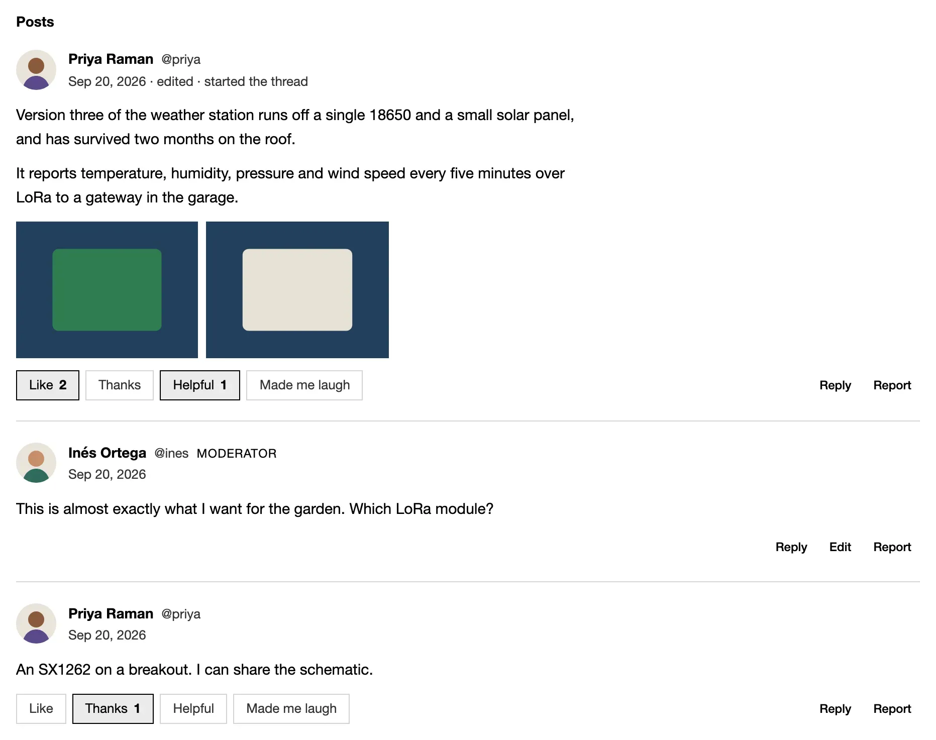 A forum’s post stream: posts with avatars, photos, reactions, and Reply and Report.