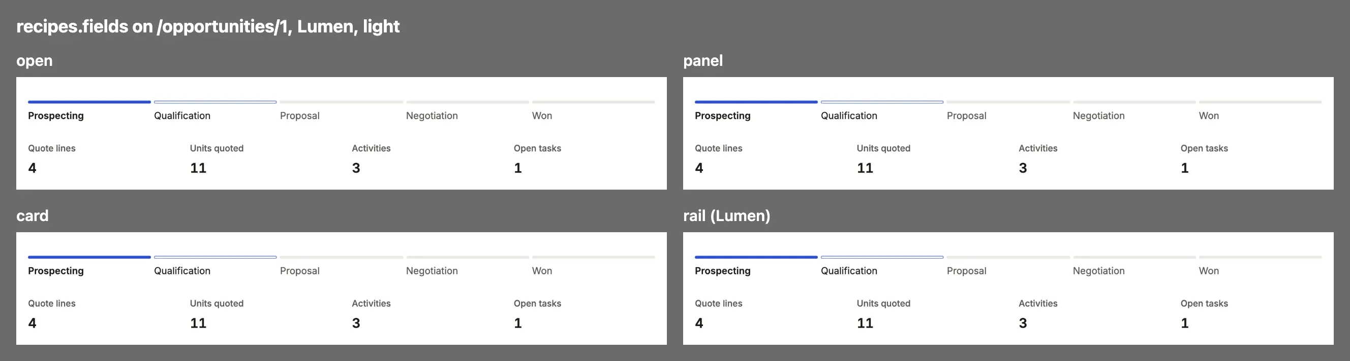 Each value of recipes.fields on Compass, one thumbnail apiece under its name.