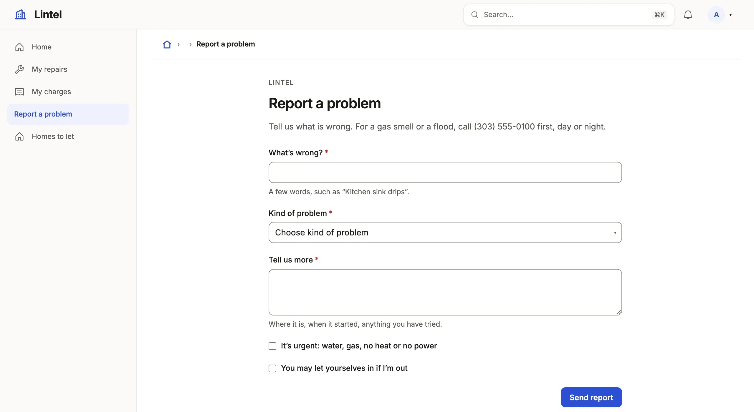Lintel’s Report a problem, as a resident: its sentence, what’s wrong, the kind of problem, more detail, two checkboxes and Send report.