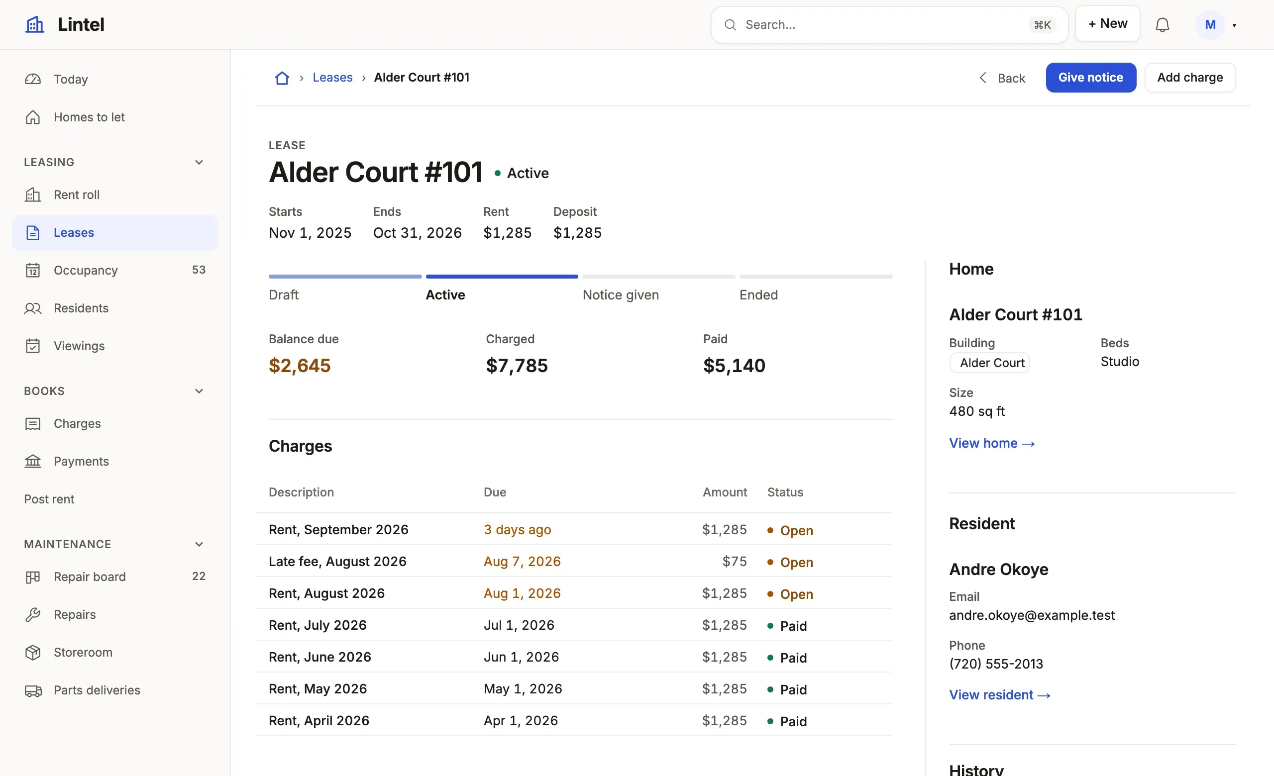 A Lintel lease, Alder Court #101, Active: its start, end, rent and deposit under the name, Give notice and Add charge, the road from Draft to Ended, the balance due beside what was charged and paid, its charges, and beside them the home and the resident.