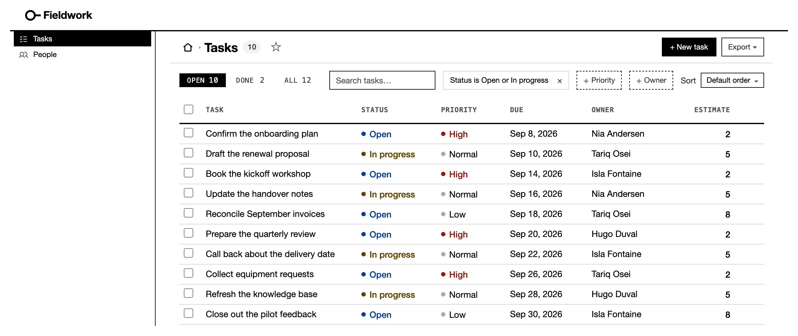 A task list in a grid: tabs with counts, a search box, a status filter chip, sortable column heads, and statuses as a dot and a word.
