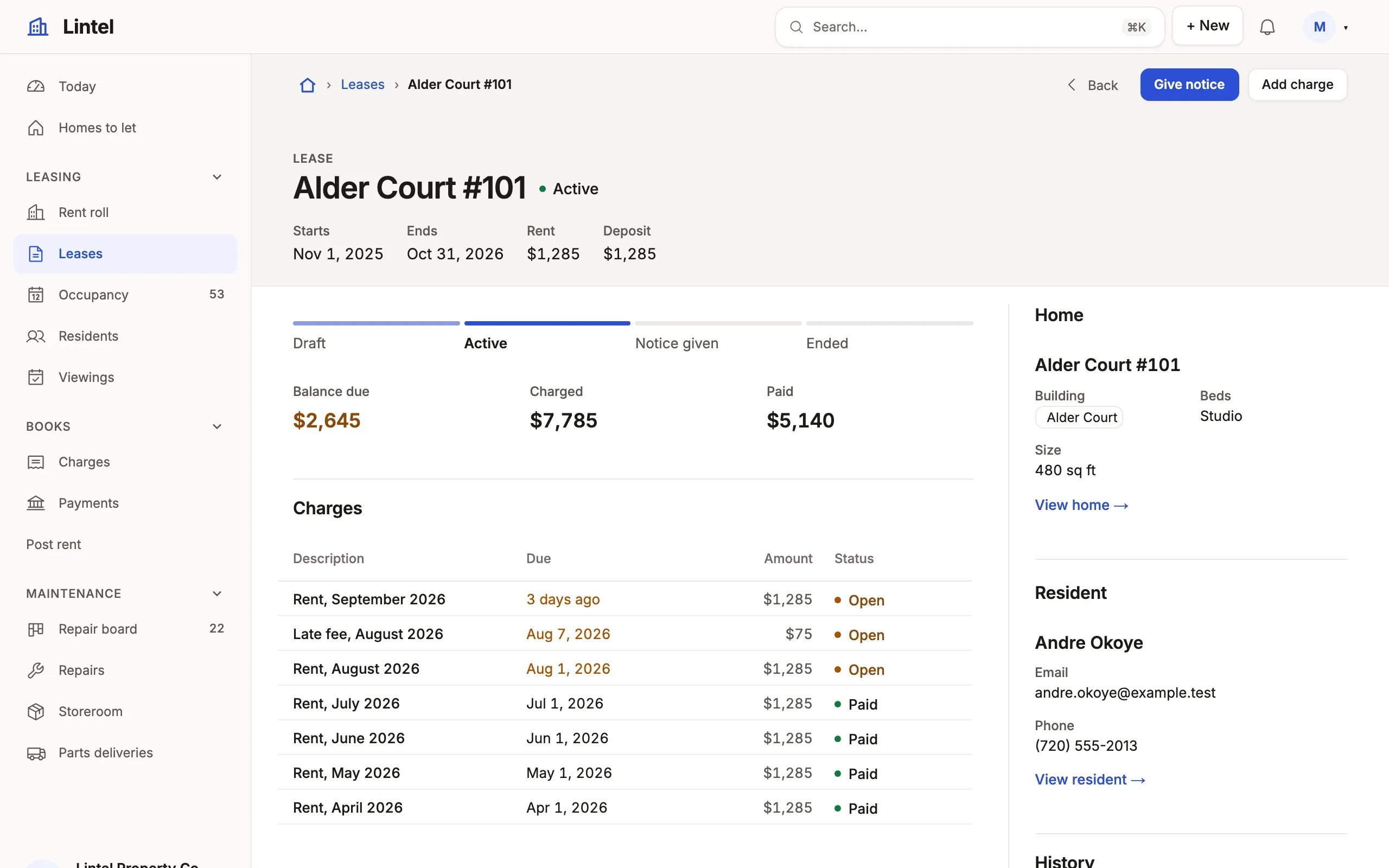 A Lintel lease: Alder Court #101 with its status beside it, the dates, rent and deposit under it, Give notice and Add charge, the status strip, three figures, its charges, and an aside with the home and the resident.