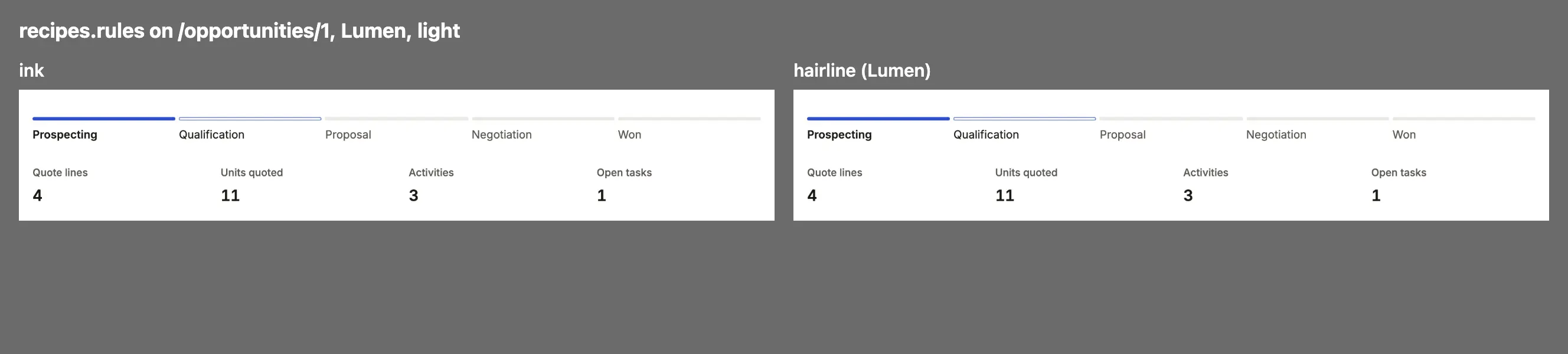 Each value of recipes.rules on Compass, one thumbnail apiece under its name.