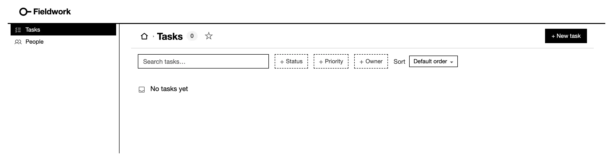 An empty task list: its tabs gone, No tasks yet under the search.