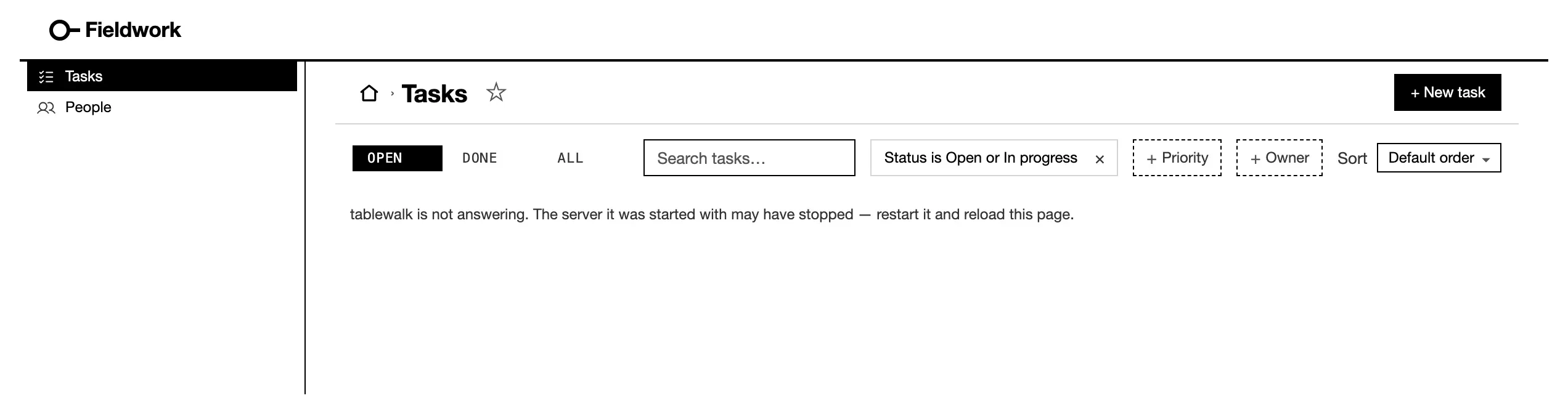 A list whose server stopped answering: one line saying so and what to do.